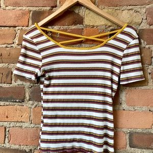 Short Sleeve Multi-Coloured Striped Tee with Criss-Cross Back.  Size: Medium